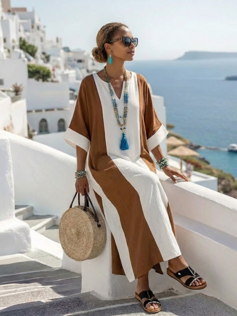 Calindra - Short Sleeve Color Block Relaxed Maxi Dress