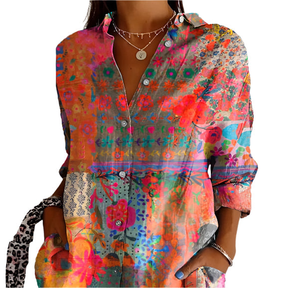 Joan - Ladies Shirt with Floral Pattern - Long Sleeves