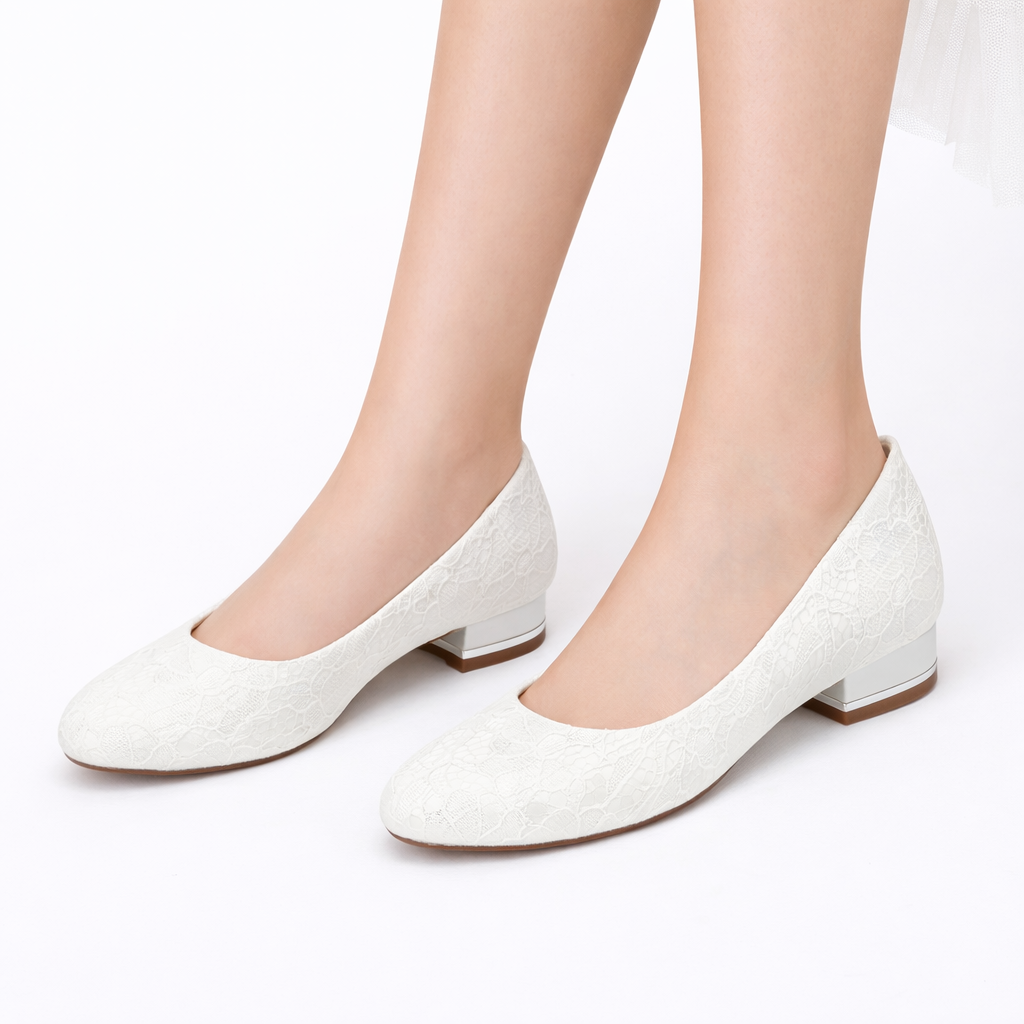 Women's White Lace Bridal Flats – Comfortable Round Toe Wedding Shoes with Low Heel