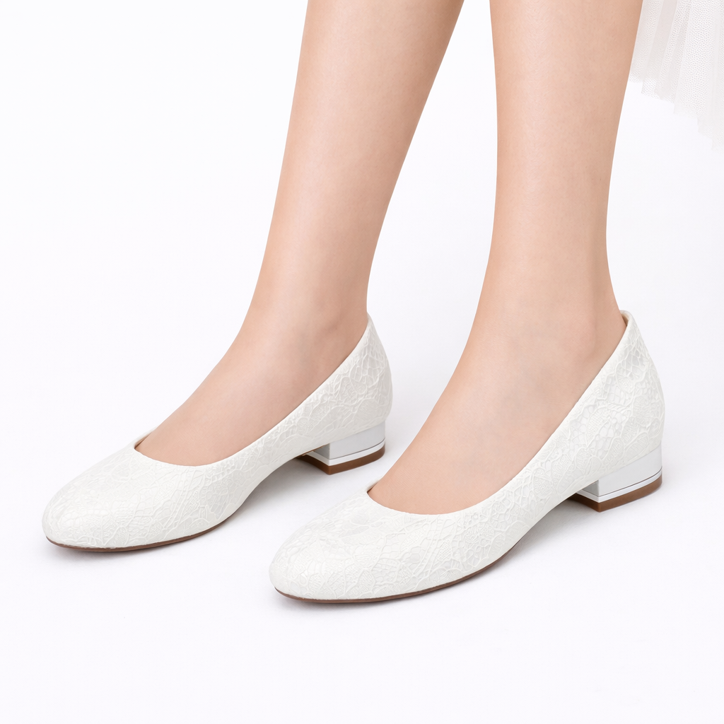 Women's White Lace Bridal Flats – Comfortable Round Toe Wedding Shoes with Low Heel
