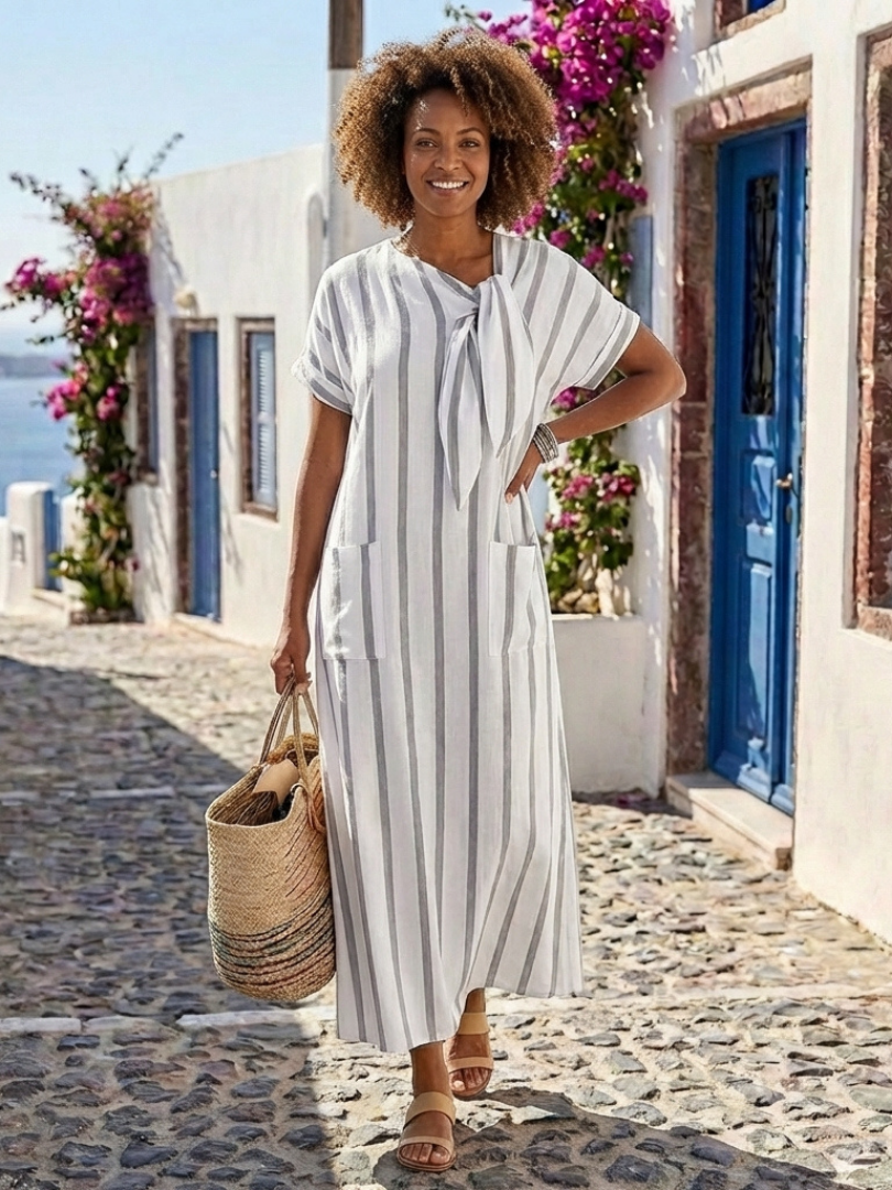 Elaris - Short Sleeve Striped Tie Neck Pocket Midi Dress
