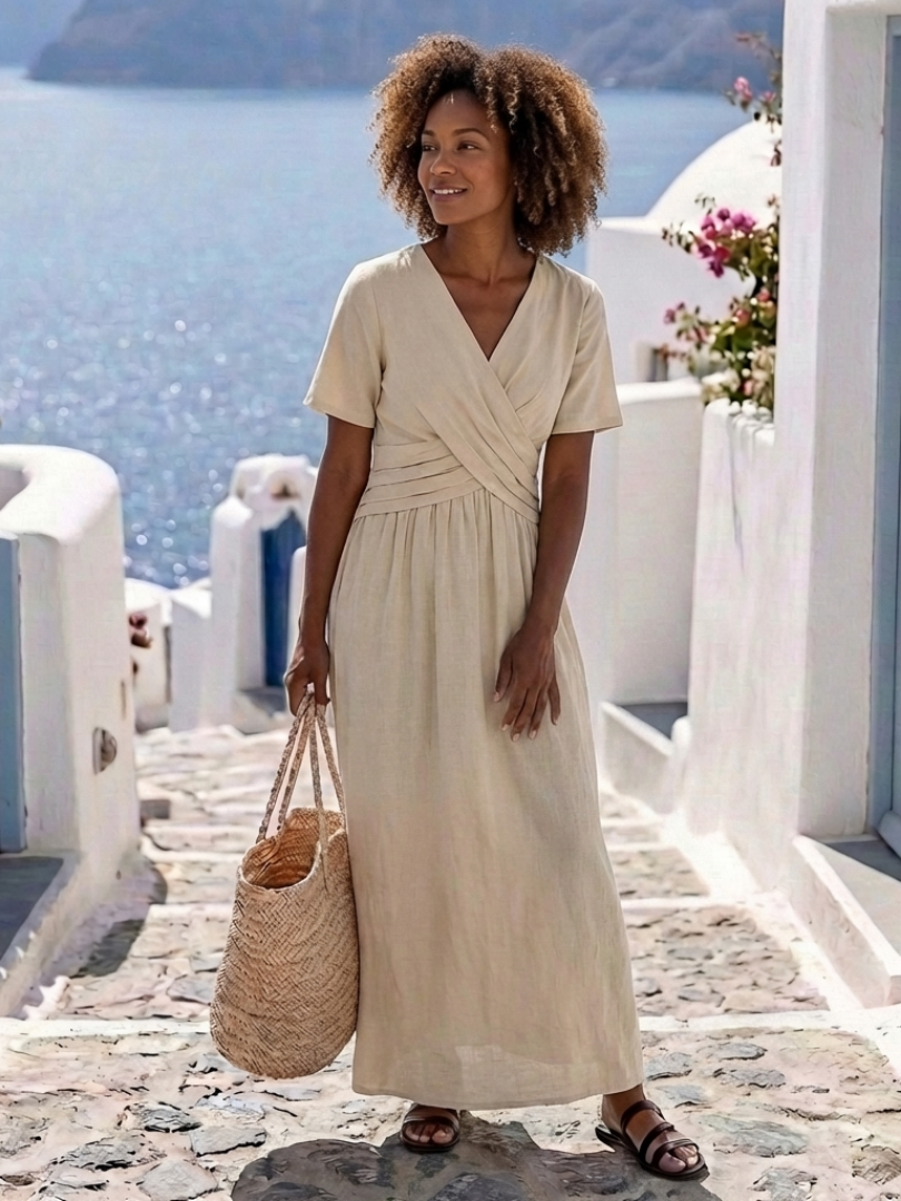 Alvara - V Neck Short Sleeve Wrap Waist Midi Dress