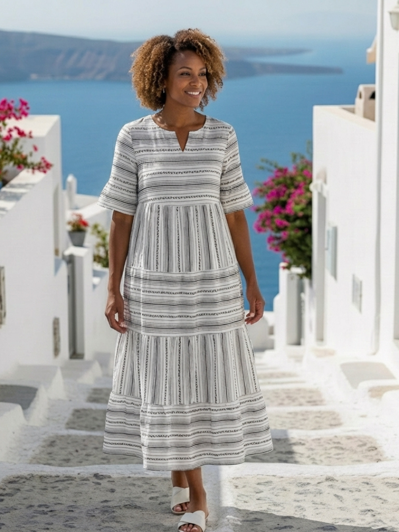 Parisa - Short Sleeve Striped Tiered Midi Dress