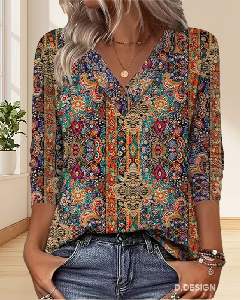 Clara - Retro Printed Blouse V Neck