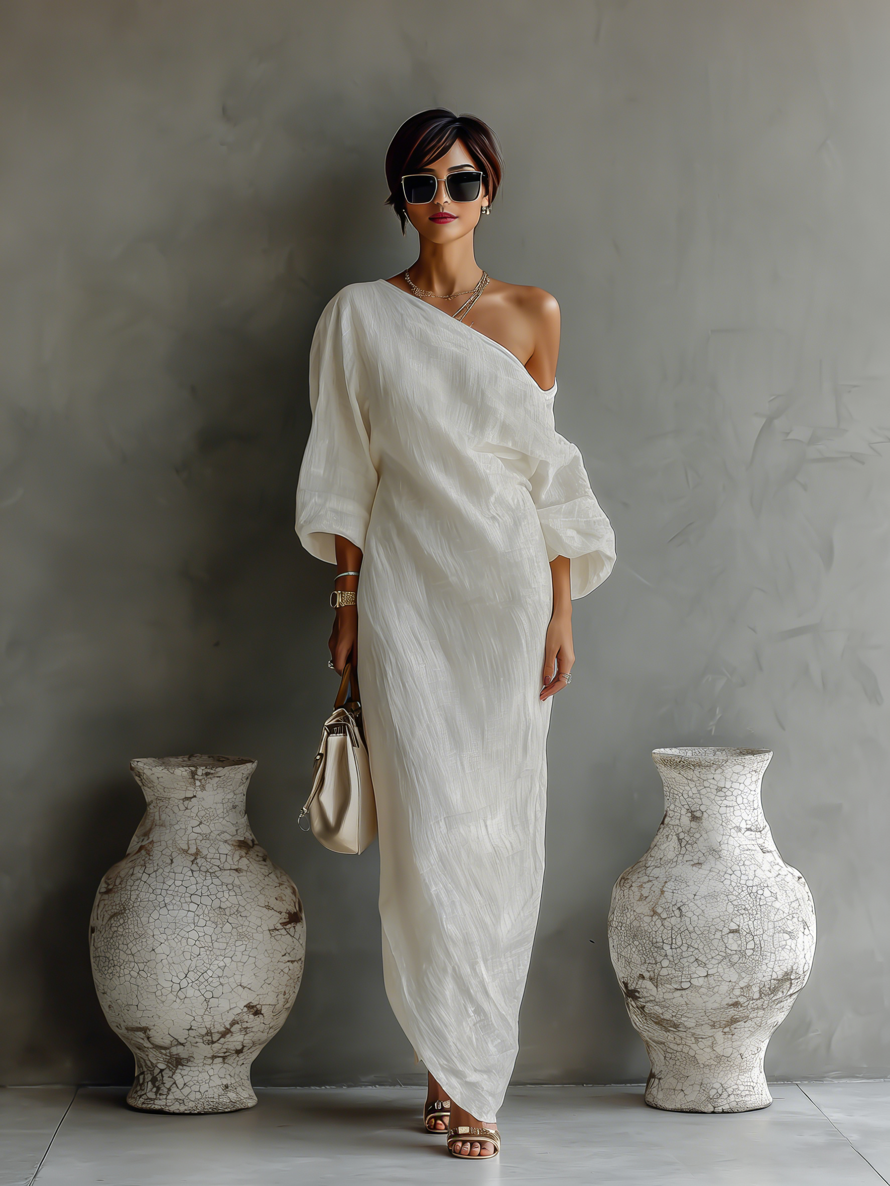 Aurora - Ivory One-Shoulder Flowing Maxi Dress