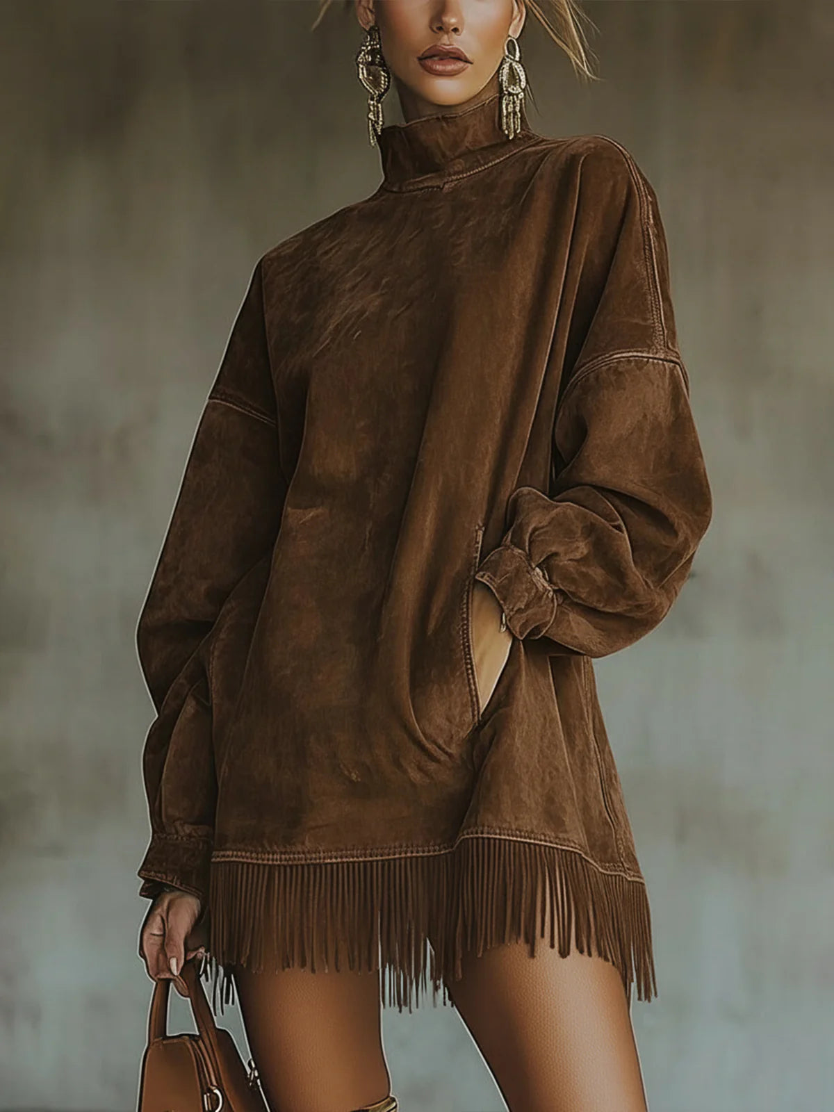 Darcie - Suede Fringe Turtleneck Dress
