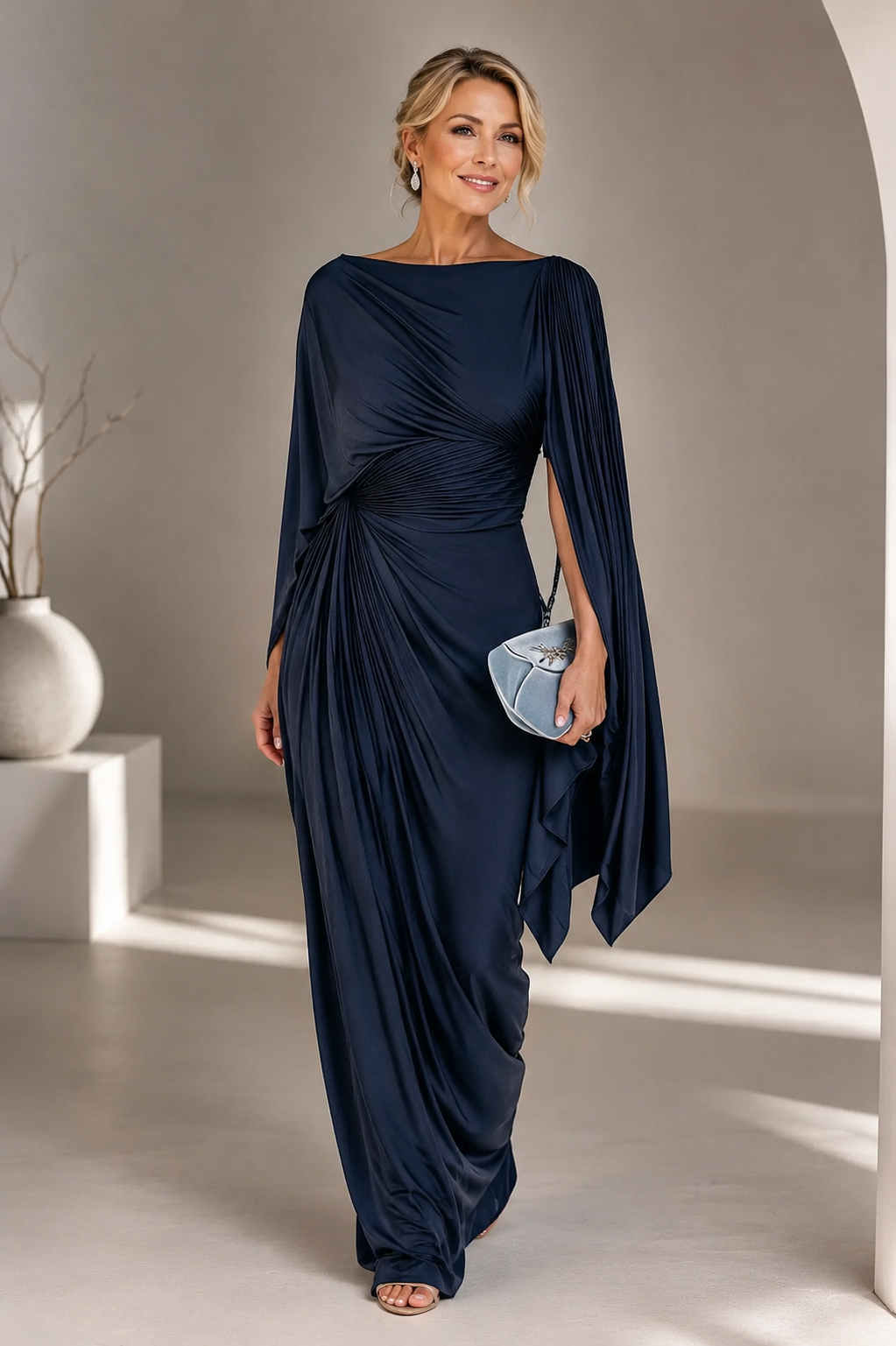 Anastasia | Elegant Pleated Cape Sleeve Maxi Dress
