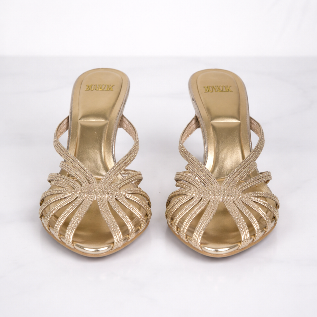 Elegant Open-Toe Gold Strappy Mule Heels for Women