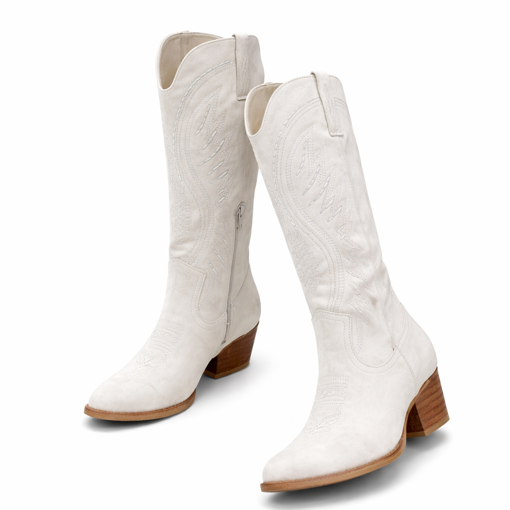 Women's Suede Western Block Heel Cowboy Boots with Embroidery
