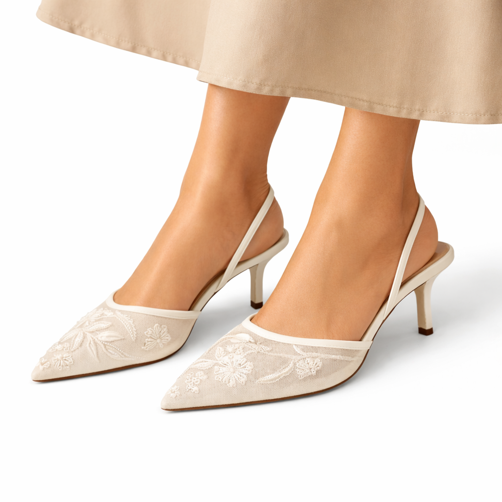 Floral Embroidered Mesh Mule Heels for Women – Elegant Pointed Toe Design