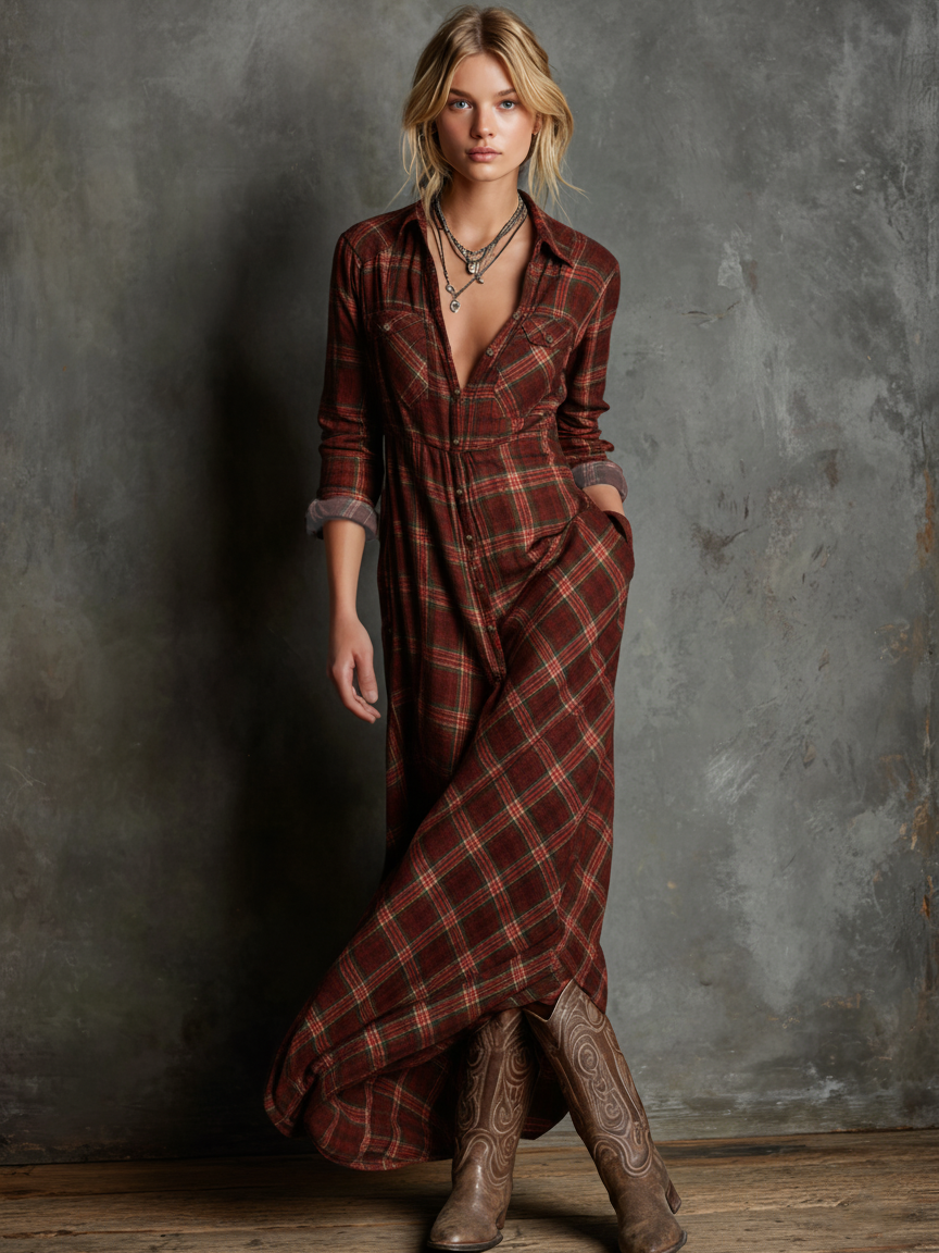 Lydia - Plaid Lapel Single-Breasted Shirt Maxi Dress