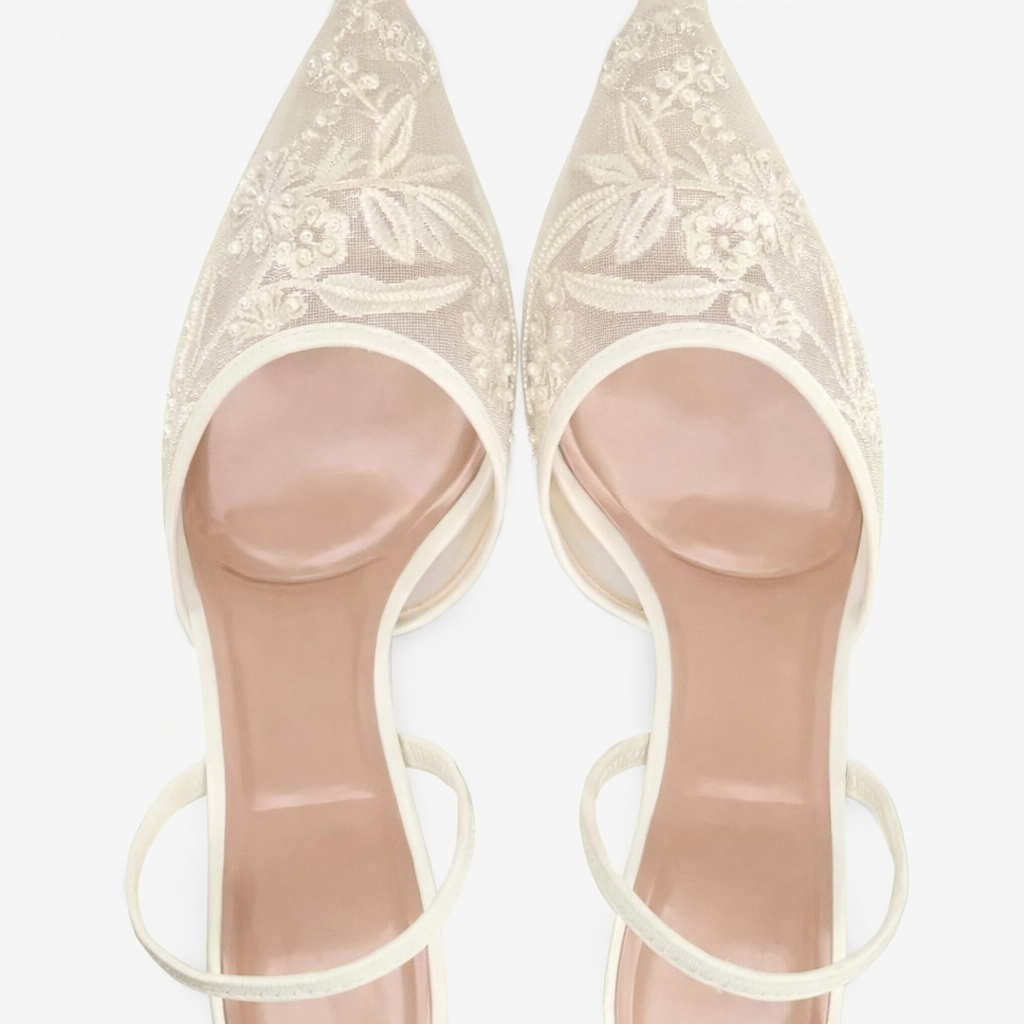 Floral Embroidered Mesh Mule Heels for Women – Elegant Pointed Toe Design