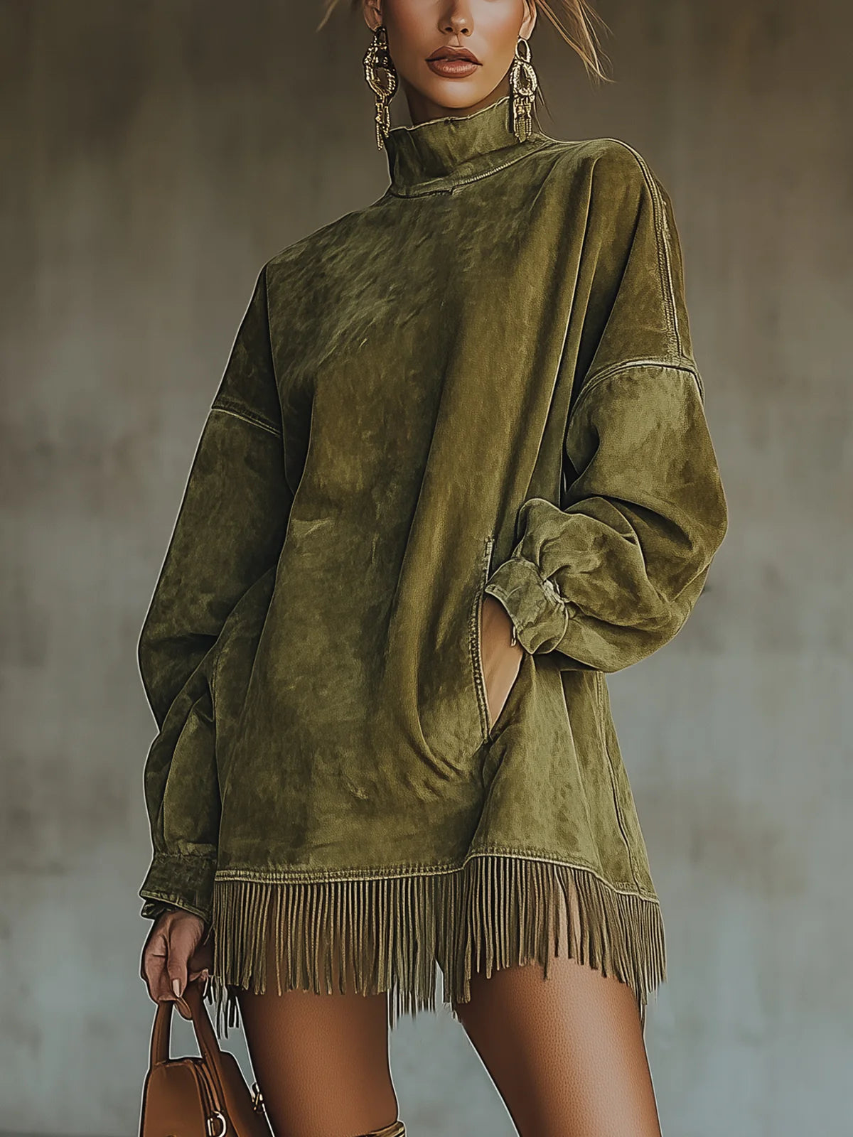 Darcie - Suede Fringe Turtleneck Dress
