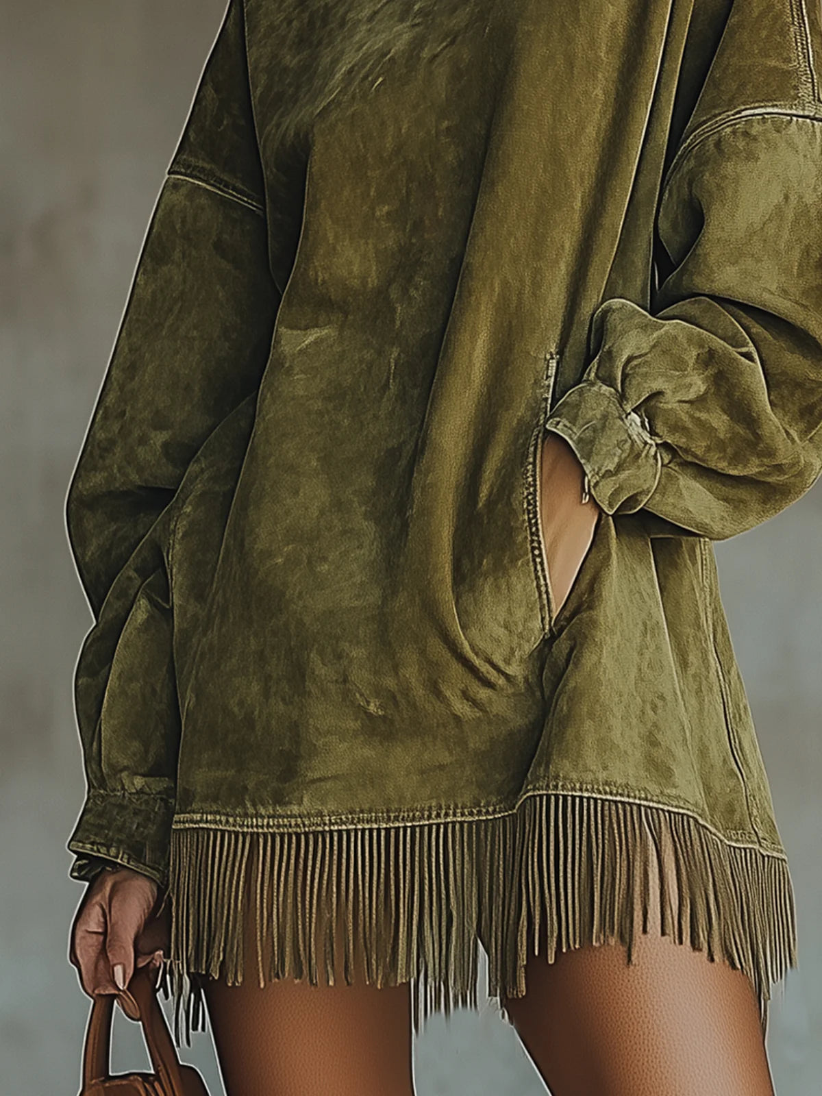 Darcie - Suede Fringe Turtleneck Dress
