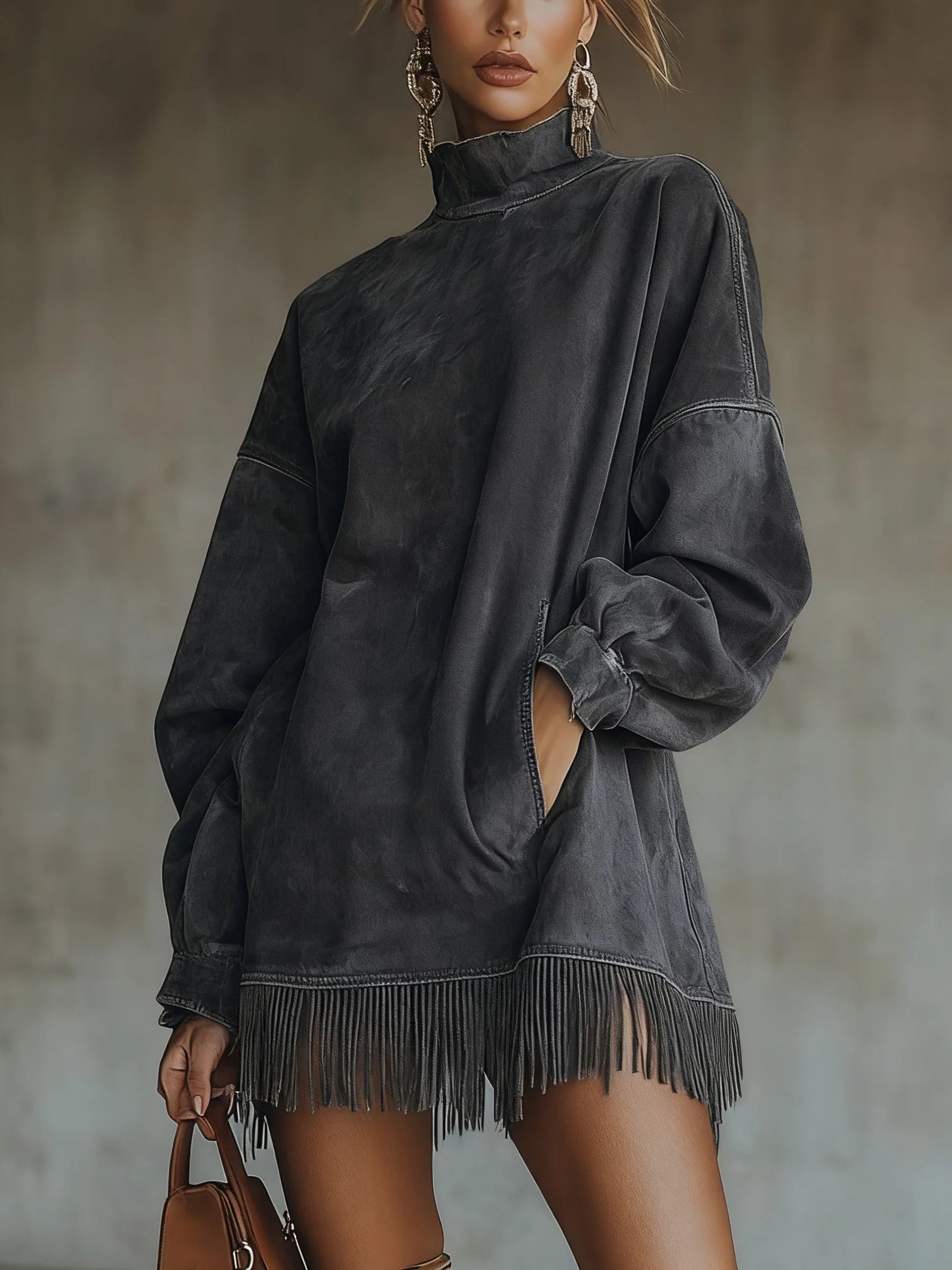 Darcie - Suede Fringe Turtleneck Dress