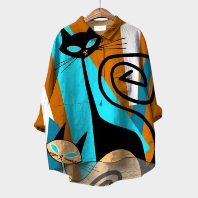 Ivy - Oversized Blouse Featuring Colorful Cats