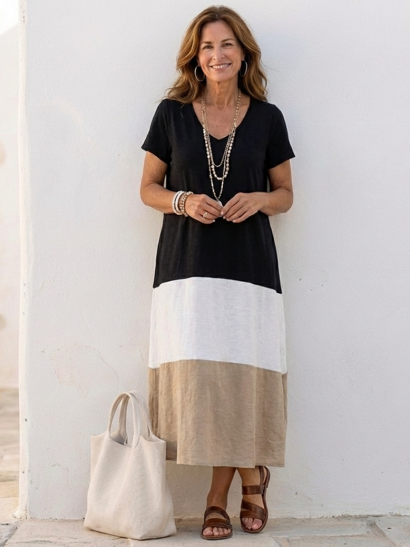 Thalia - Short Sleeve Color Block V Neck Midi Dress