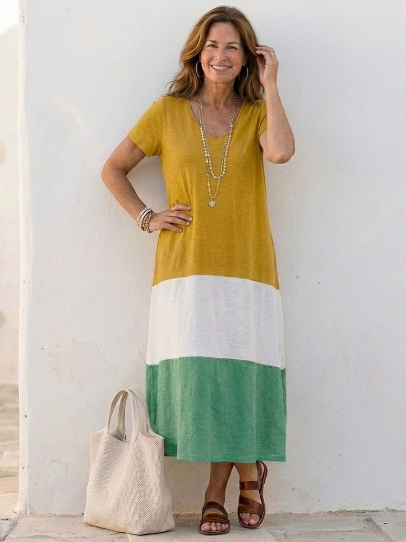 Thalia - Short Sleeve Color Block V Neck Midi Dress
