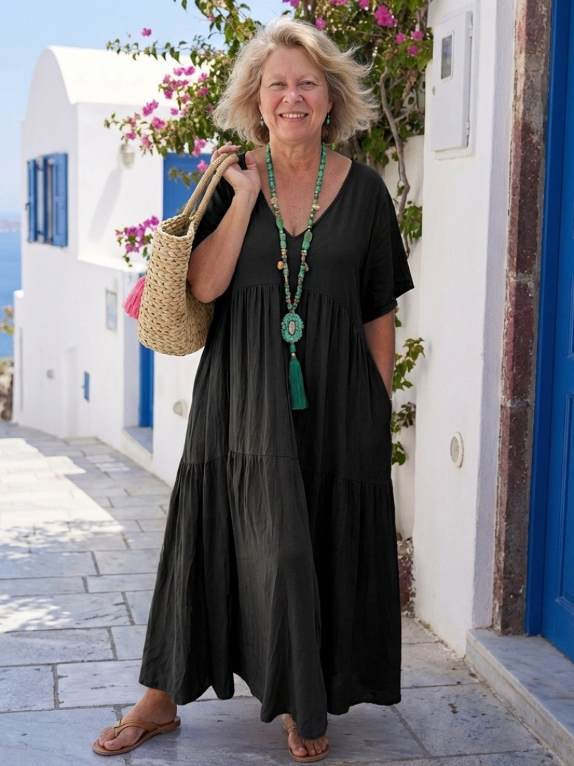 Zinnia - Short Sleeve Tiered Blue Maxi Dress