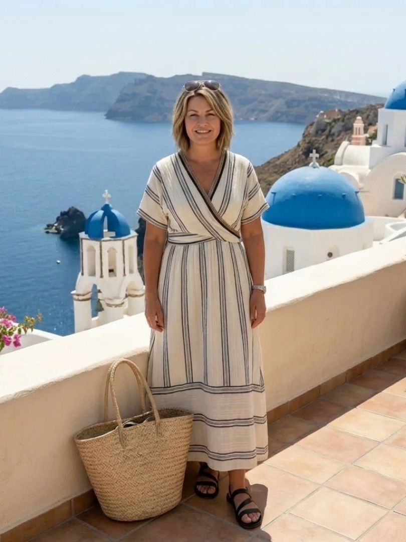 Thalassa - V Neck Short Sleeve Wrap Waist Midi Dress
