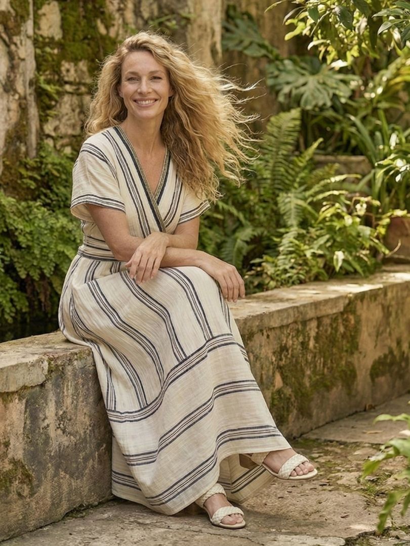 Thalassa - V Neck Short Sleeve Wrap Waist Midi Dress
