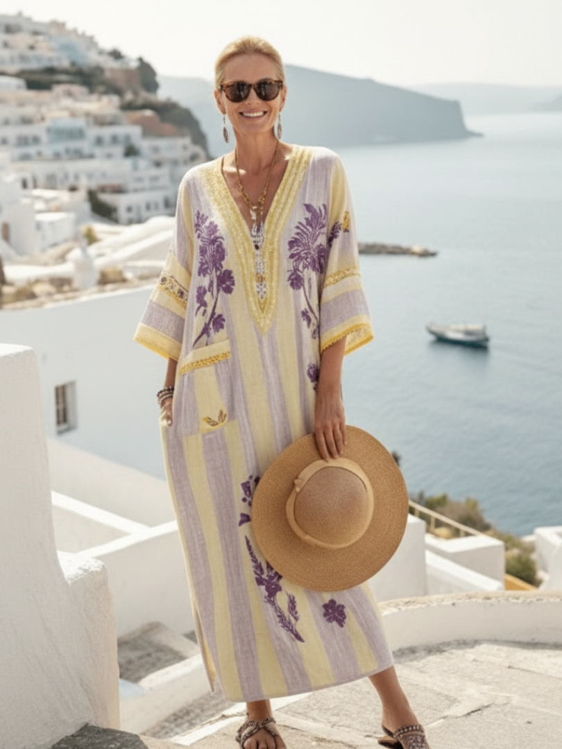 Aurelia - V Neck Half Sleeve Striped Floral Maxi Dress