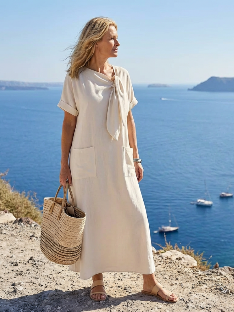 Elowyn - Round Neck Short Sleeve Pocket Maxi Dress