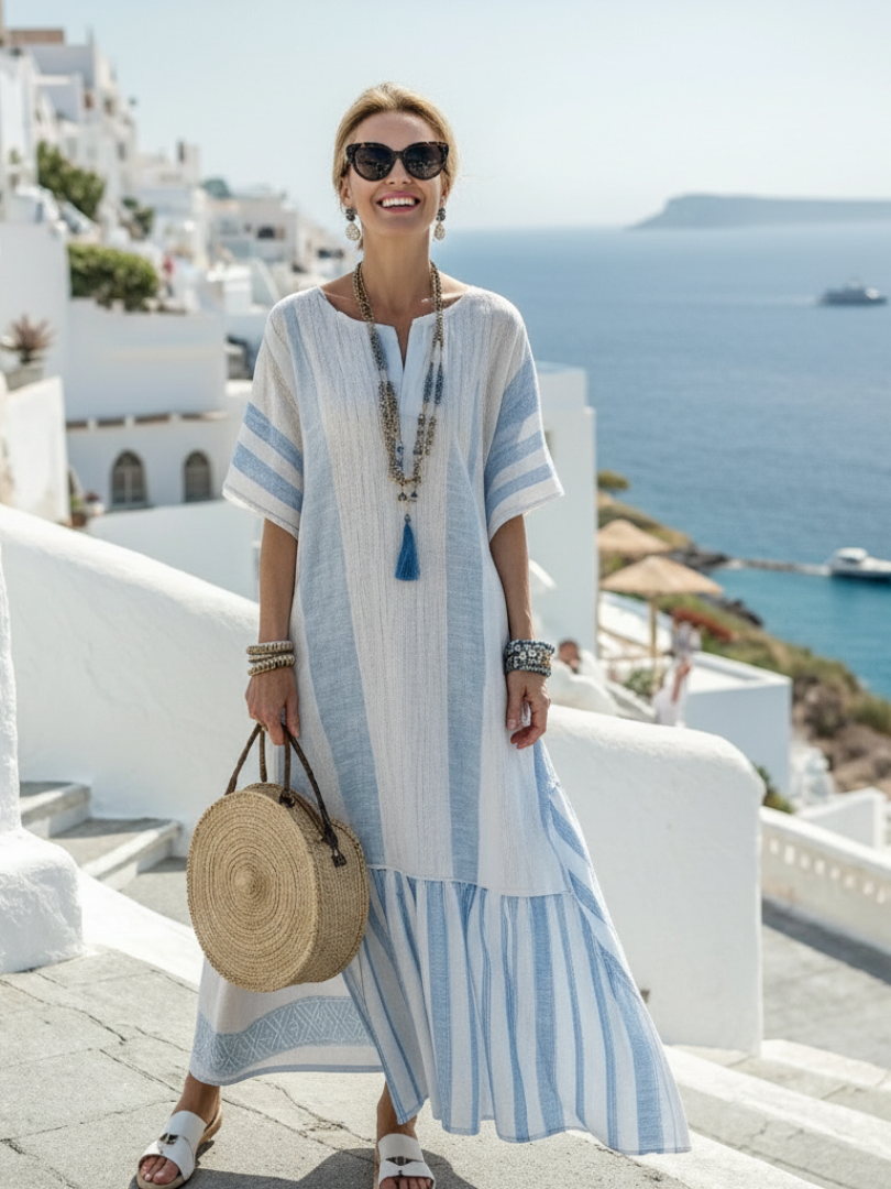 Ione - Round Neck Short Sleeve Striped Maxi Dress