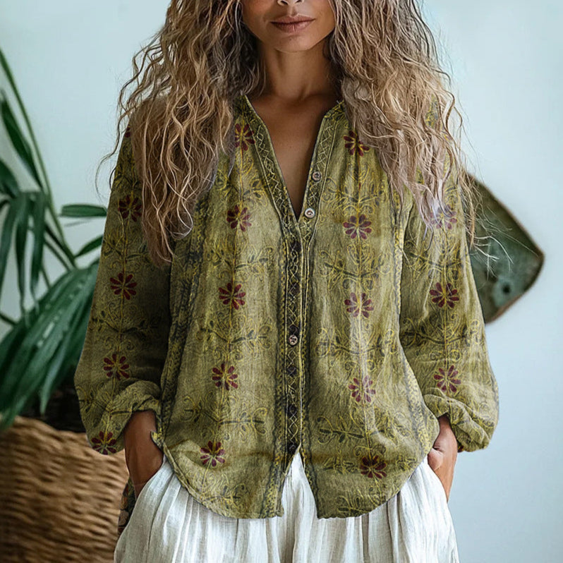 Linda - Vintage Leaf Print Blouse