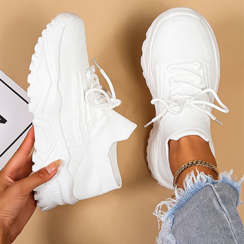 Women's Lace-Up Thick Sole Trainers - Breathable Mesh