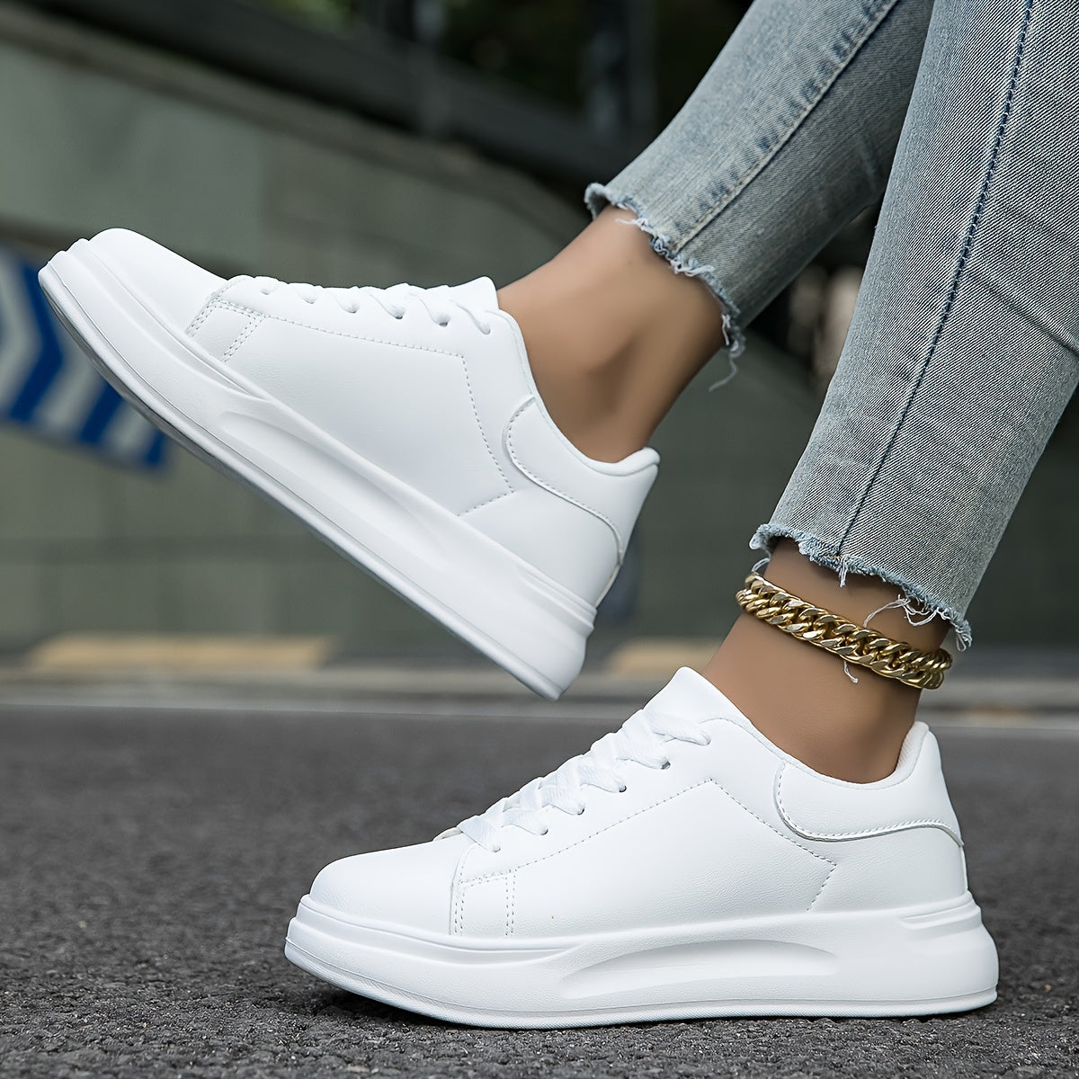 Women's White Lace-Up Trainers - Thick Sole
