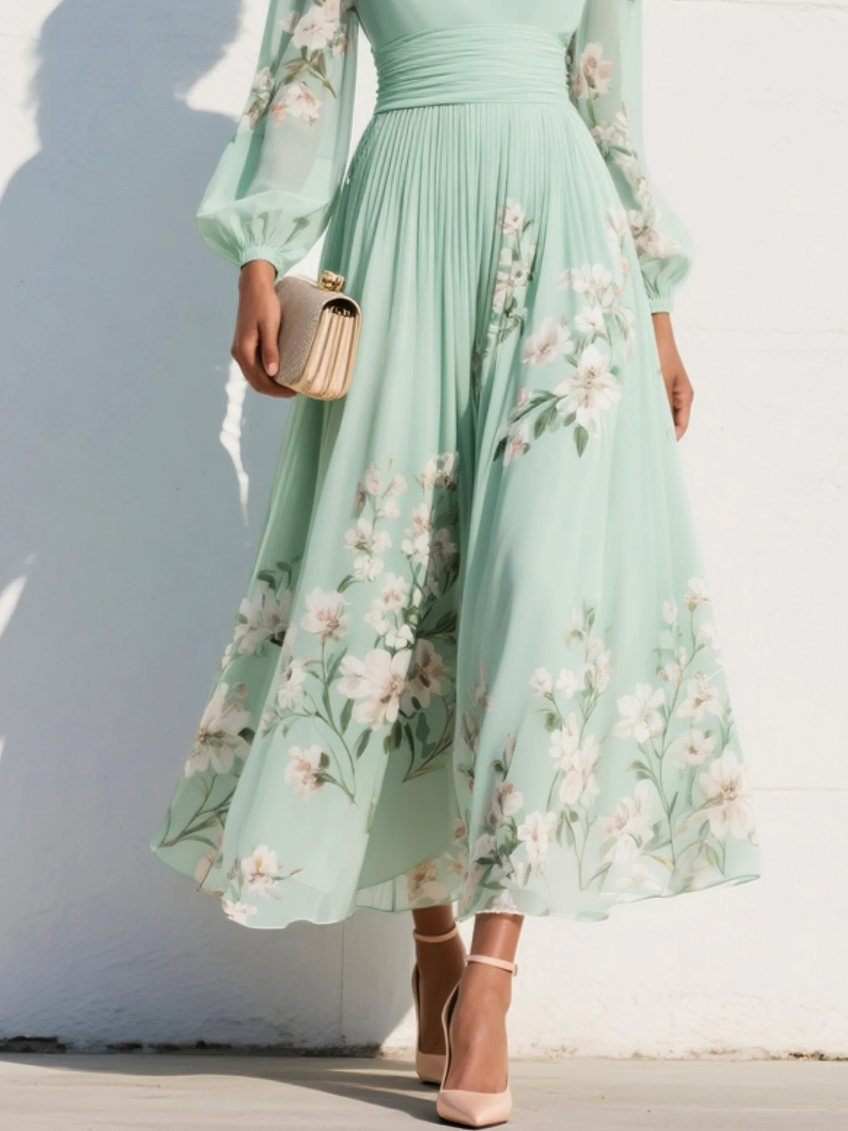 Serella | Floral Chiffon Midi Dress with V-Neck