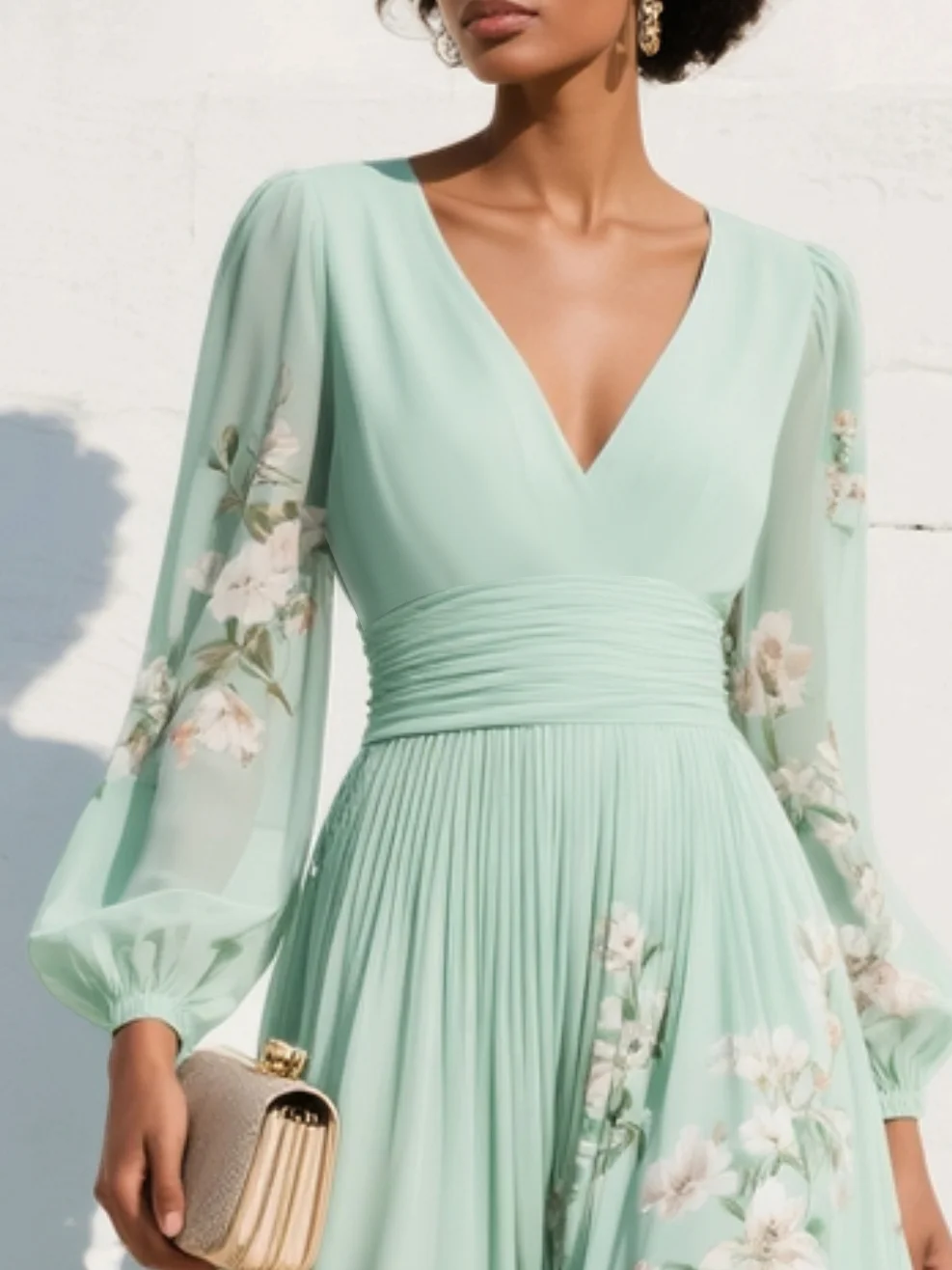 Serella | Floral Chiffon Midi Dress with V-Neck