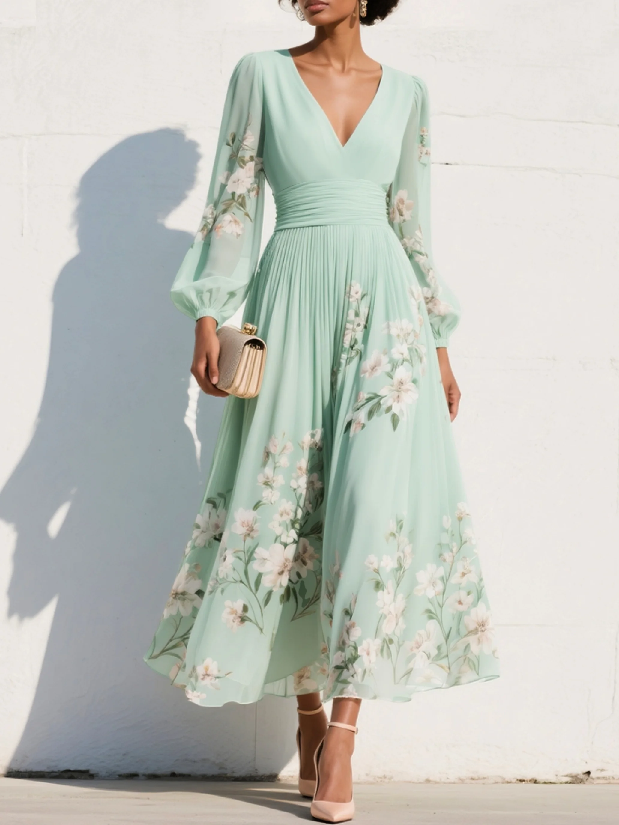 Serella | Floral Chiffon Midi Dress with V-Neck