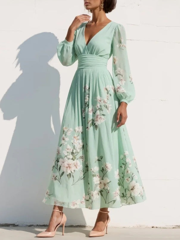 Serella | Floral Chiffon Midi Dress with V-Neck