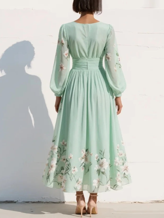 Serella | Floral Chiffon Midi Dress with V-Neck