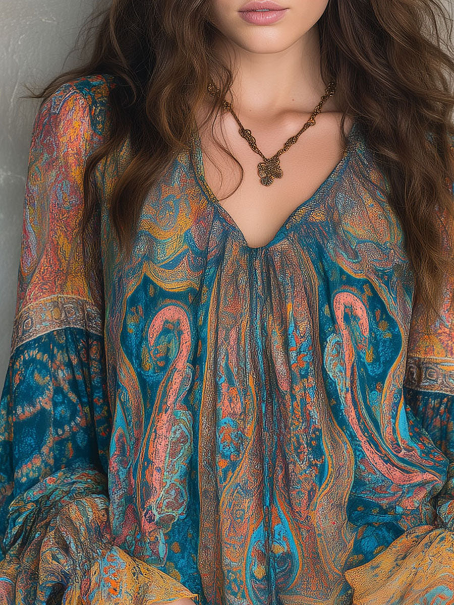 Seraya | Lightweight Chiffon Blouse with Boho Pattern