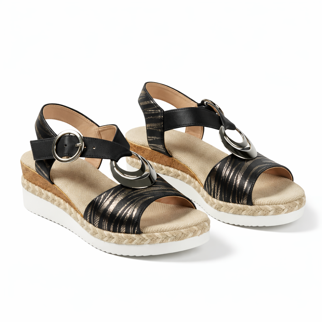 Comfortable Summer Ankle Strap Wedge Sandals for Women in Metallic Finish