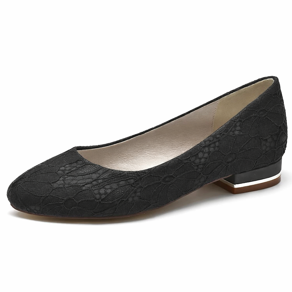 Women's White Lace Bridal Flats – Comfortable Round Toe Wedding Shoes with Low Heel