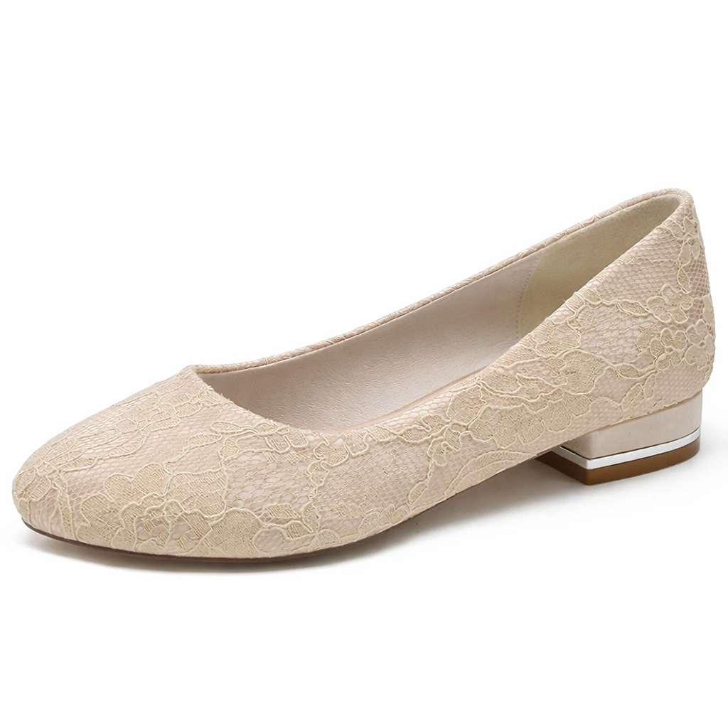 Women's White Lace Bridal Flats – Comfortable Round Toe Wedding Shoes with Low Heel