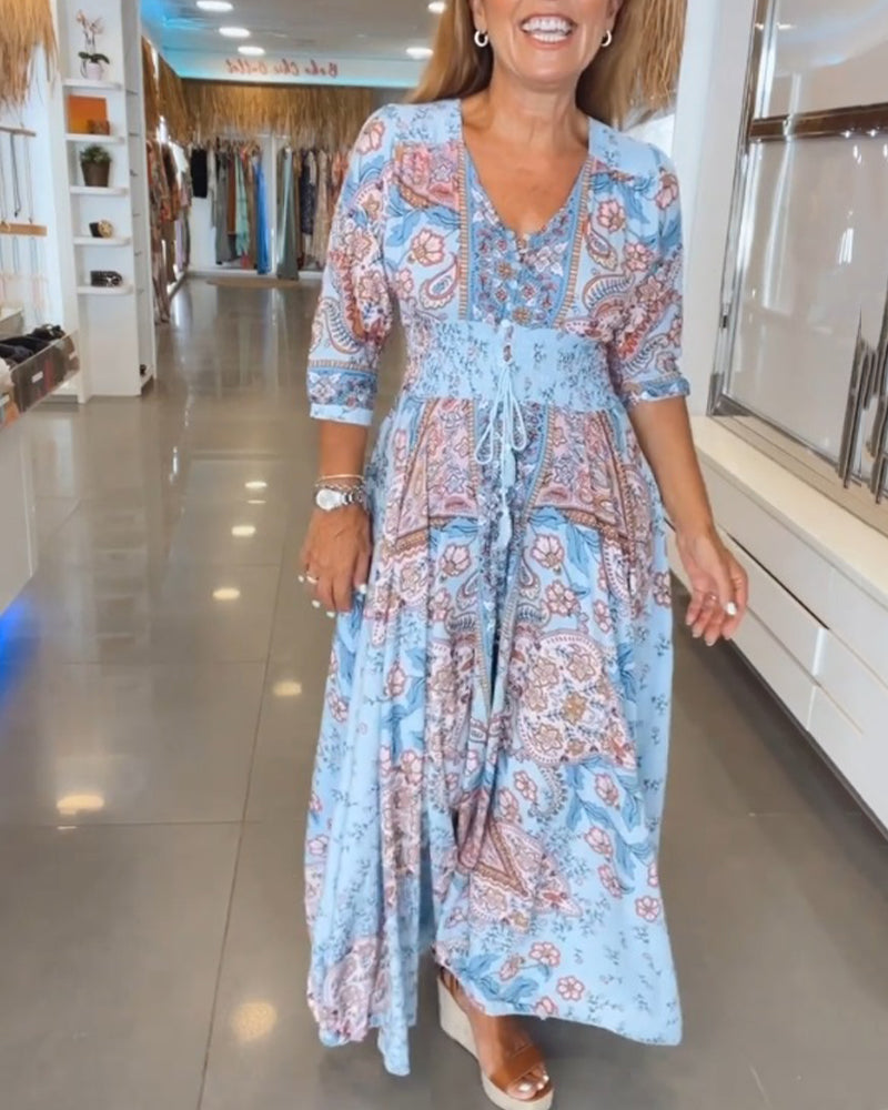 Sienna | Printed V-Neck Holiday Maxi Dress