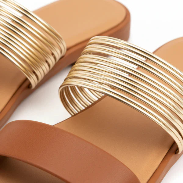 Metallic Multi-Strap Flat Slide Sandals for Women