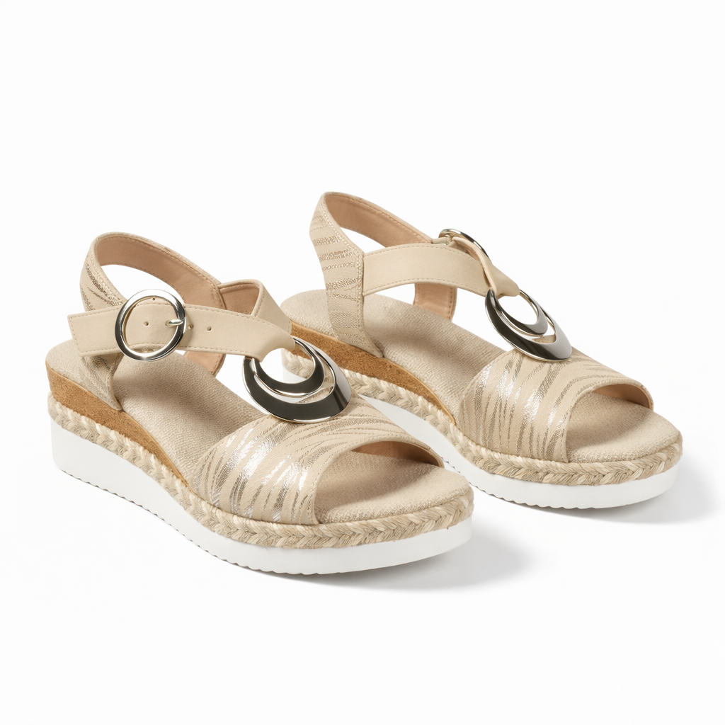 Comfortable Summer Ankle Strap Wedge Sandals for Women in Metallic Finish