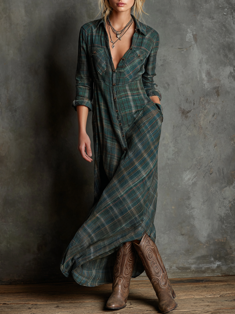 Lydia - Plaid Lapel Single-Breasted Shirt Maxi Dress