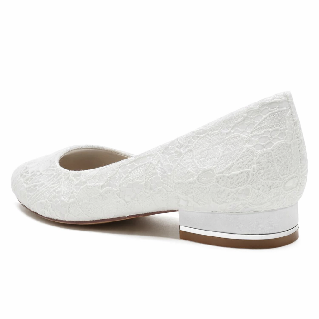Women's White Lace Bridal Flats – Comfortable Round Toe Wedding Shoes with Low Heel