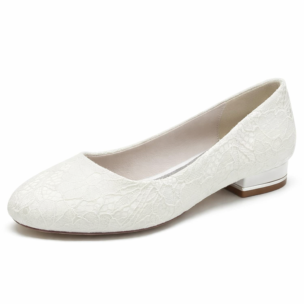 Women's White Lace Bridal Flats – Comfortable Round Toe Wedding Shoes with Low Heel