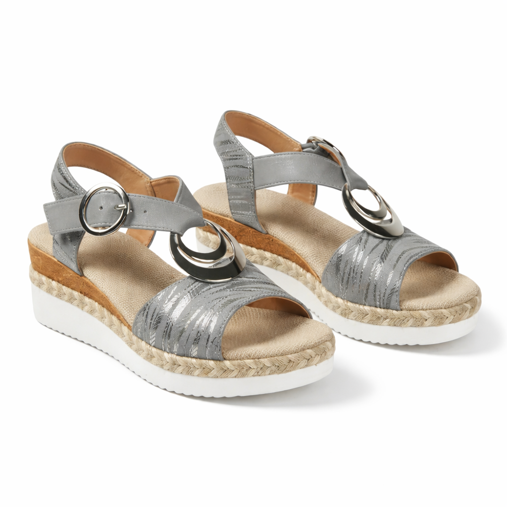 Comfortable Summer Ankle Strap Wedge Sandals for Women in Metallic Finish