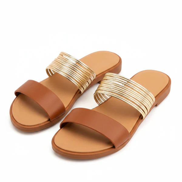 Metallic Multi-Strap Flat Slide Sandals for Women