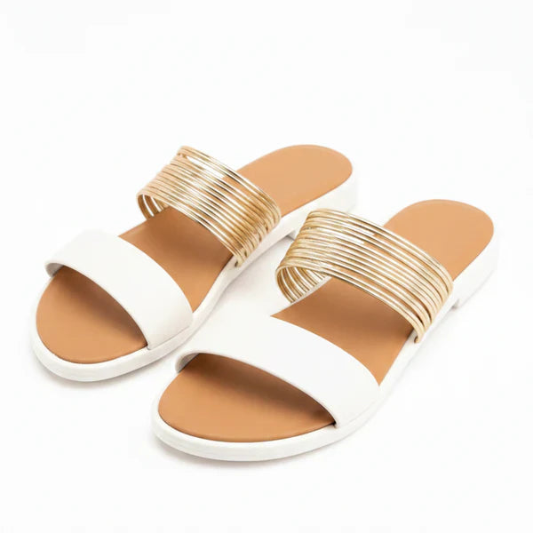Metallic Multi-Strap Flat Slide Sandals for Women